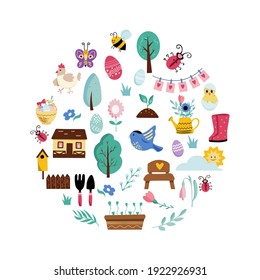 Primavera de Pascua con una mariposa linda, árboles, flores, pájaro, huevo. Dibujar a mano elementos de diseño de dibujos animados en un marco circular. Ilustración vectorial. 