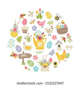 Easter spring set with cute cartoon characters and design elements eggs, chickens, birds, easter buns, butterflies. Hand drawn flat cartoon elements in circular frame. Vector illustration collection