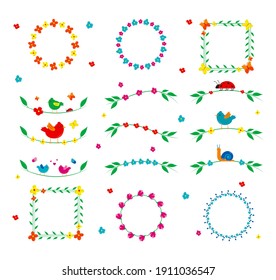 La primavera de Semana Santa está decorada con bonitos elementos decorativos, mariposas coloridas, pájaros y flores. Coronas y marcos.  Estilo de caricatura plano. Ilustración vectorial aislada en fondo blanco.