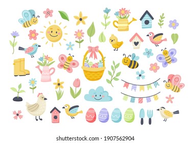 Easter Spring Set With Cute Eggs, Birds, Bees, Butterflies. Hand Drawn Flat Cartoon Elements. Vector Illustration