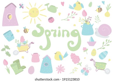 Easter spring set with cute eggs, birds, bees, butterflies, watering can, flowers. Hand drawn flat cartoon elements. Perfect for poster, card, scrapbooking , tag, invitation, sticker kit. 