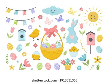 Easter spring set with cute eggs, chickens, bunny, butterflies, basket of eggs, flowers, leaves, birdhouses, holiday flags. Vector illustration.