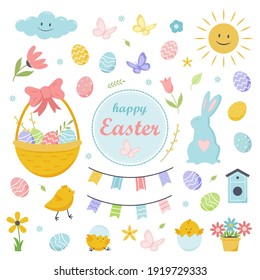 Easter spring set with cute eggs, chickens, bunny, butterflies, basket of eggs, flowers, leaves, birdhouses, holiday flags. Vector illustration.