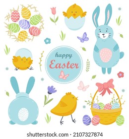 Easter spring set with cute eggs, chickens, bunnies, butterflies, basket of eggs, flowers, leaves. Vector illustration.