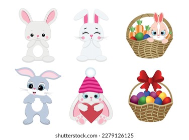  Easter spring set with cute eggs, different bunnies,easter baskets.Hand drawn flat cartoon elements. Vector illustration