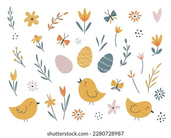 Easter spring set with cute eggs, chicks, flowers, butterflies. Hand drawn flat elements. Perfect for poster, card, scrapbooking , tag, invitation, sticker kit. Vector illustration