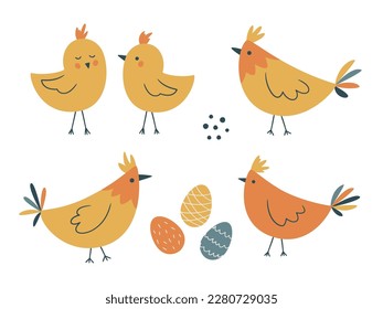 Easter spring set with cute eggs, chicks and hens, chicken. Hand drawn flat elements. Perfect for poster, card, scrapbooking, tag, invitation, sticker kit. Vector illustration