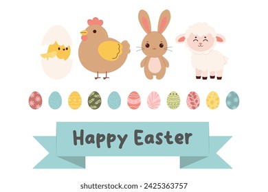 Easter spring set with cute eggs, birds, rabbit and lamb. Vector illustration.