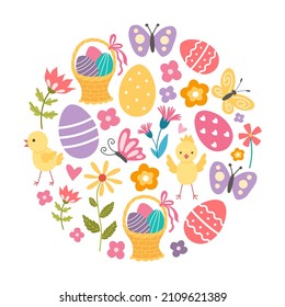 Easter spring set with cute eggs,chickens , butterflies. Hand drawn flat cartoon elements in circular frame. Vector illustration.
