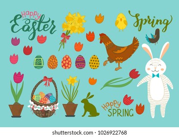 Easter, spring set. Cute hand drawn Easter, spring items. Vector illustration.