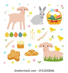 Easter spring set. Cute sheep, bunnies, eggs, willow, cakes