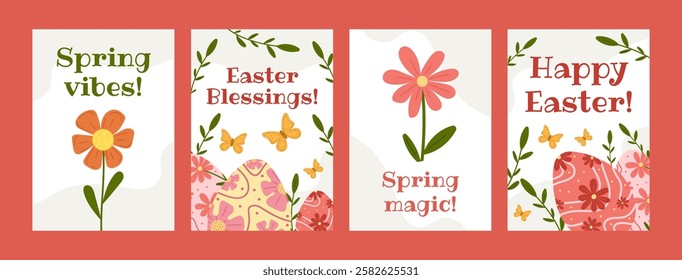 Easter spring set of greeting cards with floral elements, decorated eggs, butterflies and in soft pastel color palette. Sweet collection cards in concept of spring - Easter time. For postcards, banner