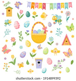 Primavera de Pascua con inscripción Feliz Pascua. Huevos coloridos y lindos de Pascua, flores, casas de aves, abejas, mariposas. Para decoración de vacaciones y tarjetas de felicitación de primavera. Estilo de caricatura. Ilustración del vector