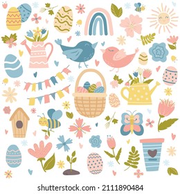 Easter spring set in pastel colors. Easter cute eggs, flowers, birds, birdhouses, bees, butterflies. For holiday decoration, spring greeting cards. Cartoon style. Colored doodles. Vector illustration 