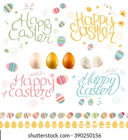 Easter spring set. Phrase Happy Easter, isolated painted eggs, seamless horizontal borders.  Objects for your design, festive greeting cards,  posters.