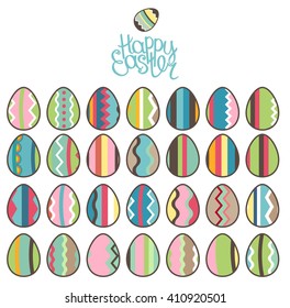La primavera de Pascua. Frase Happy Easter, huevos pintados aislados, objetos para tu diseño, tarjetas de felicitación festivas, carteles.