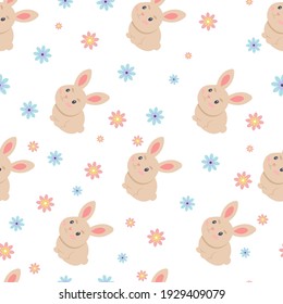 Easter spring shameless pattern with cute bunnies and flowers. Vector illustration.