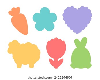 Easter spring silhouette shapes - bunny, egg, carrot, rabbit, tulip, sheep, heart. Cute colorful spring design for die cutting craft, Easter cookie cutter shapes, gift tag, label, greeting card.