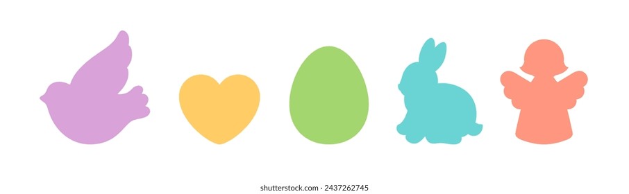 Easter spring silhouette shapes - bunny, egg, carrot, rabbit, tulip, sheep, heart. Cute colorful spring design for die cutting craft, Easter cookie cutter shapes, gift tag, label, greeting card.