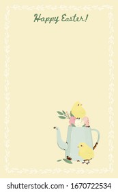Easter spring templates with cute chickens and painted eggs in watering can. For romantic and easter design,  greeting cards, posters.