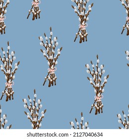 Easter spring twigs blossom pussy willow tree seamless pattern. Vector spring holiday texture in cartoon flat style. Fluffy willow branches background.