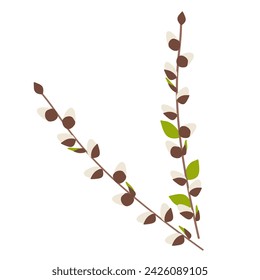 Easter Spring Twigs Blossom Pussy Willow branch with Leaves. Vector Holiday illustration in Cartoon Flat style Isolated on white. Botany Springtime March Design Element for Greeting Card, Postcard.