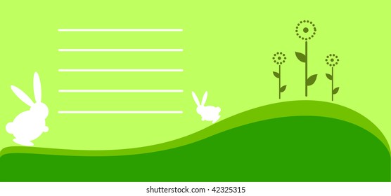 Easter and spring  vector background with bunnies, fresh green grass, wild flowers