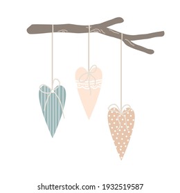 Easter or spring Wall hanging decor for home or cafe interior in Scandinavian style. Textile hearts on a wooden forest stick. Vector illustration.