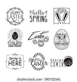 Easter and spring wishes lettering labels, element design set isolated on white background. Typography quote. Hello spring. Spring is here. Easter egg hunt. Happy easter. Wishing you a happy easter