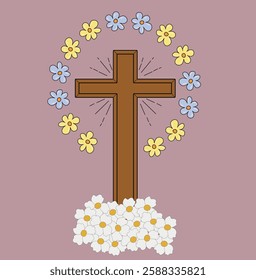 Easter Spring-themed cross surrounded by blooming flowers. Symbol of faith, hope, renewal, and celebration. Ideal for religious events and seasonal designs