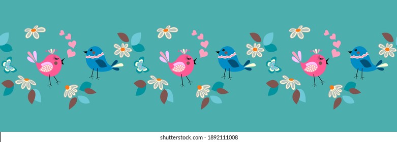 Easter, springtime day seamless border pattern with small daisy, butterfly and cute love birds