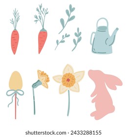 Easter springtime flat design set with rabbit carrot and flowers