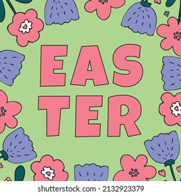 Osterner Frühjahr Grußkarte mit einfachem Umriss Blumen Rahmen. Vektorgrafik, hellgrüner Hintergrund. Vorlage für Einladung, Geburtstag, Werbung, soziale Medien.