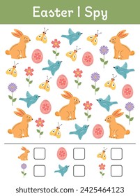 Easter I spy. Easter themed printable educational math worksheet. Math activities for preschoolers kindergarten. Learning mathematic pages, teacher resources for early kids education.