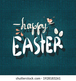 Easter. Square banner with the words "Happy Easter" in the center. Dark blue background with linen texture. Vector illustration for the design of cards, invitations, congratulations, messages, etc.