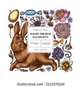 Easter square card or invitation design. Frame design with rabbit, eggs, willow branches, candies, great orange-tip, anemone, lavender, viburnum, ranunculus, hyacinth, peony, forget me not flower