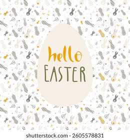 Easter square card with seamless pattern. Cute stitched bunnies in doodle style. Easter bunnies in earthy green, grey and yellow tones. Flat vector illustration for holiday celebration.