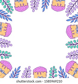 Easter square frame, border with Easter cake and abstract flowers - Vector illustration on white background with space for text - For print, invitation, cards