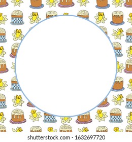 Easter square frame with Easter cakes and daffodils. Vector illustration outline doodle. Copy space. Place for text. Design for scrapbooking, invitation, banner, poster. I sell magazine flyer frames.
