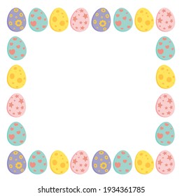 Marco cuadrado de Pascua con huevos coloridos. Borde de vacaciones para el diseño de tarjetas de felicitación con espacio de copia. Ilustración vectorial aislada en fondo blanco.