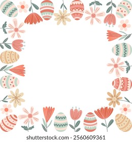 Easter square frame with colorful eggs and flowers. Vector flat style illustartion in pastel colors. Perfect for greeting cards, invitations, seasonal banners, and holiday designs. 