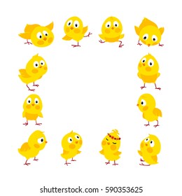 Easter square frame with cute funny chicks, Vector background, Place for your text