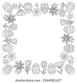 Easter square frame with  decorated eggs and flowers. Vector illustration in hand drawn doodle style, black outline. Perfect for greeting cards, invitations, coloring