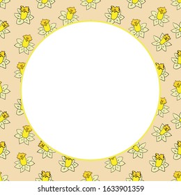 Easter square frame with hyacinth flowers on yellow. Vector illustration outline doodle. Copy space. Place for text. Design for scrapbooking, invitation, banner, poster. I sell magazine leaflets.