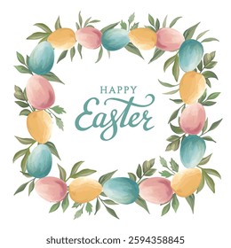 Easter square frame of pastel-colored eggs and spring leaves, festive design for holiday decorations and seasonal greetings