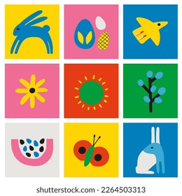 Easter  square set of hand drawn  elements. Hand drawn abstract flowers, bird, easter bunny, egg.