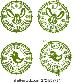 Easter Stamps Collection grunge Easter Stamps with Rabbit and Chicken, vector illustration