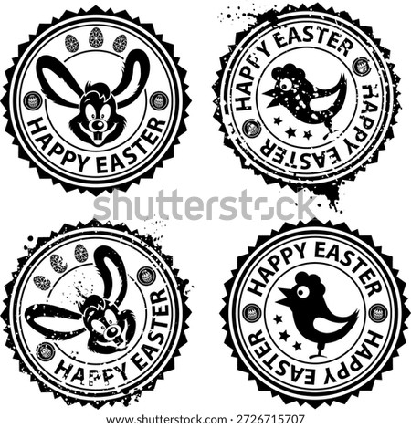 Easter Stamps Collection grunge Easter Stamps with Rabbit and Chicken, vector illustration