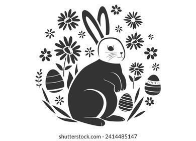 Easter stencil with cute bunny, painted eggs and flowers, Easter stencil 