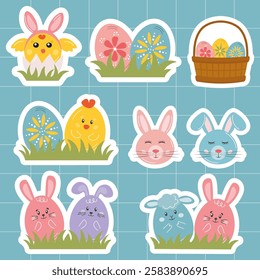 Easter sticker bundle with bunny, egg, spring flowers. Easter holiday design elements set. Happy Easter typography message with festive rabbit, eggs, basket, chicken, rainbow in cute childish style.